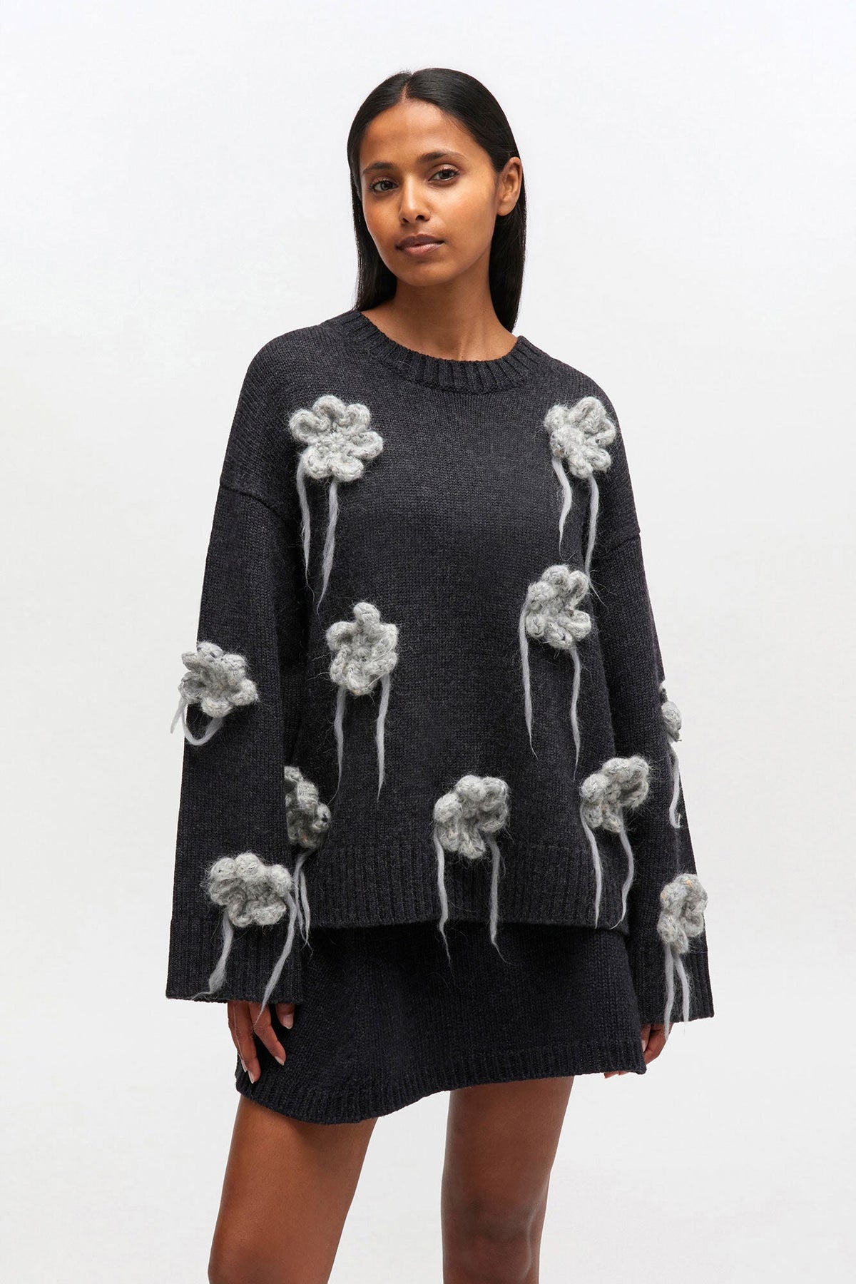 Sweater Flower Crochet Dark Grey