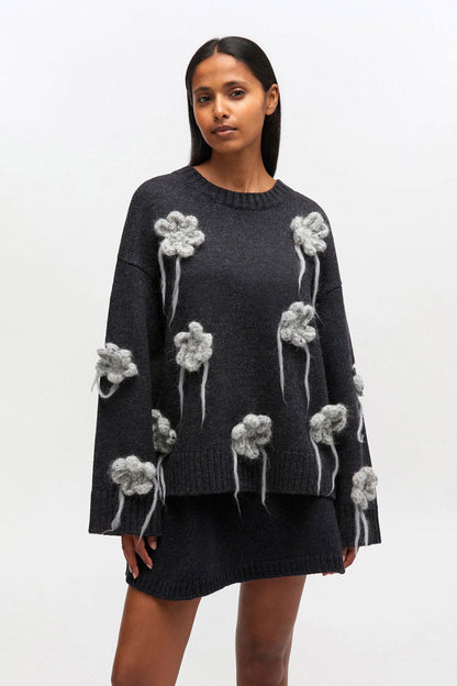 Sweater Flower Crochet Dark Grey